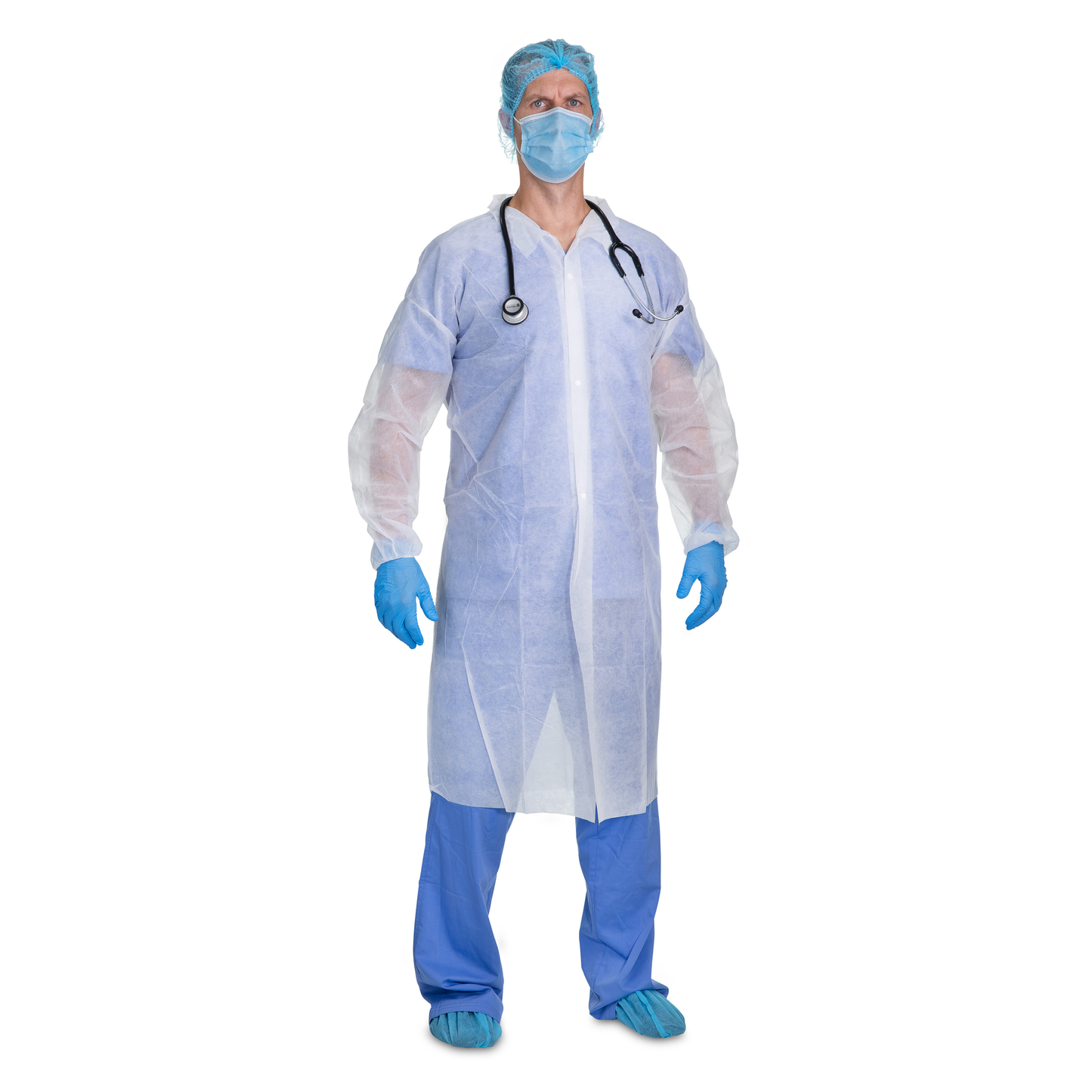 10 Pack of Lab Coats, 30 GSM, 3 Buttons, No Pockets, Open Cuff, Disposable, Used in Science labs and Classrooms