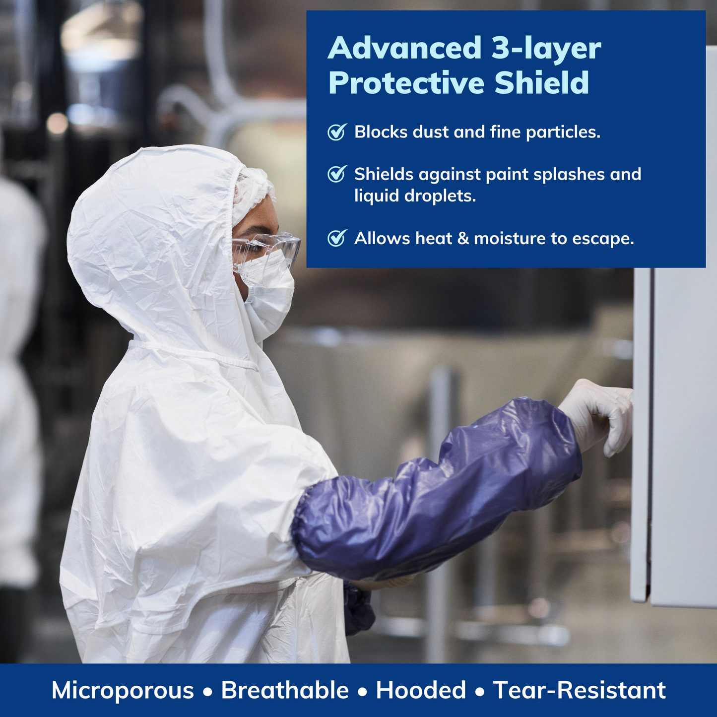 Protective Coveralls with Hood Breathable 3-Layer PTFE Suit for Industrial Use (5 Pack, Large)