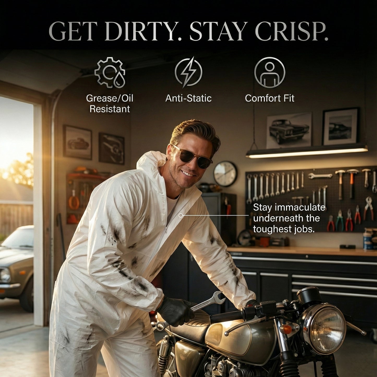 Protective Coveralls with Hood Breathable 3-Layer PTFE Suit for Industrial Use (5 Pack, Large)