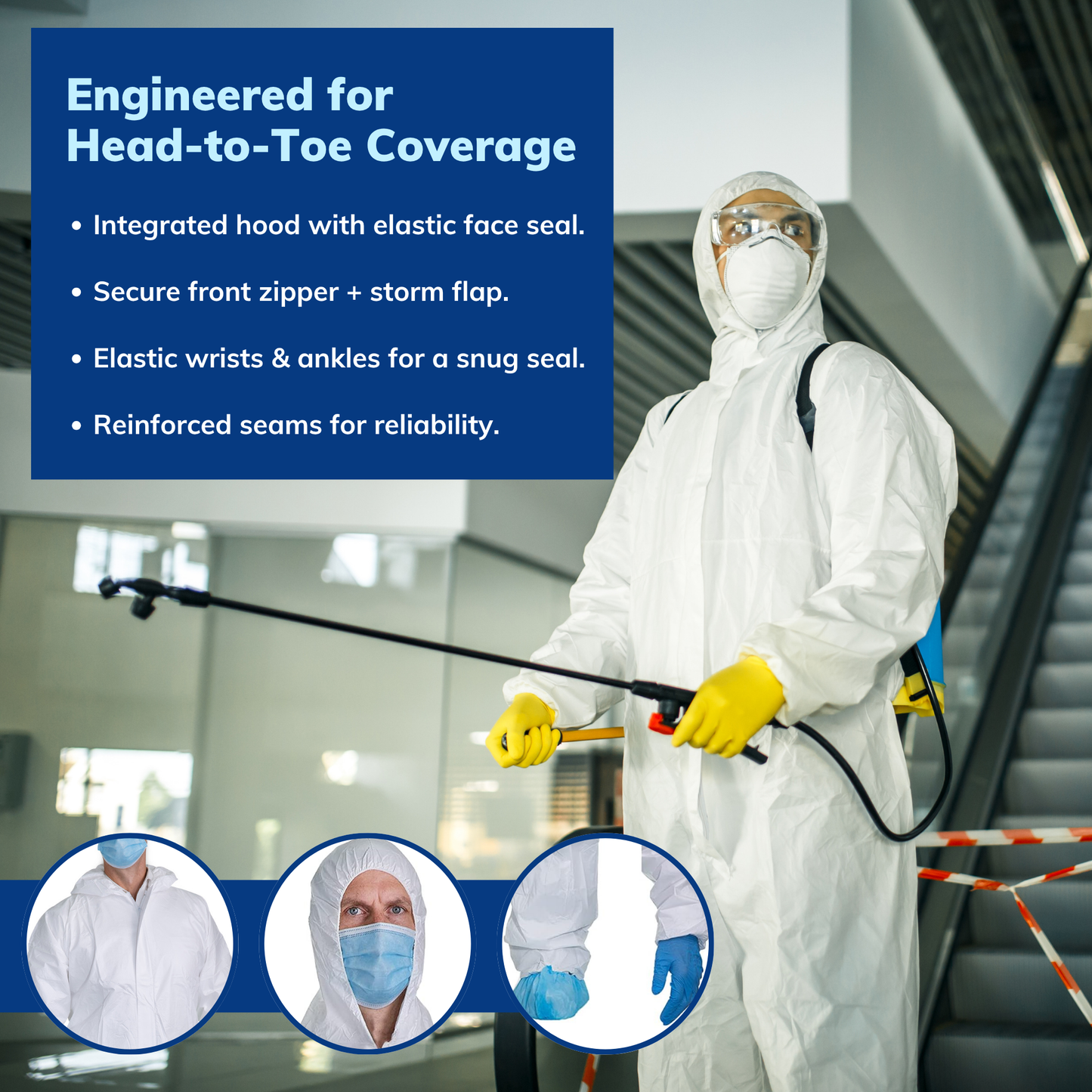 Protective Coveralls with Hood Breathable 3-Layer PTFE Suit for Industrial Use (5 Pack, Large)