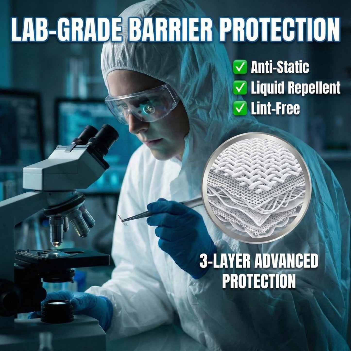 Protective Coveralls with Hood Breathable 3-Layer PTFE Suit for Industrial Use (5 Pack, Large)