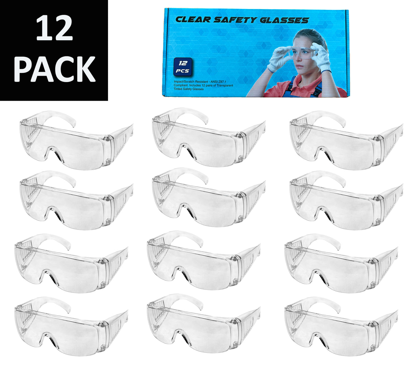 Clear Safety Glasses, Anti-Fog, Scratch Resistant, Fit Over Eyeglasses Goggles, Industrial Grade Protection, Transparent