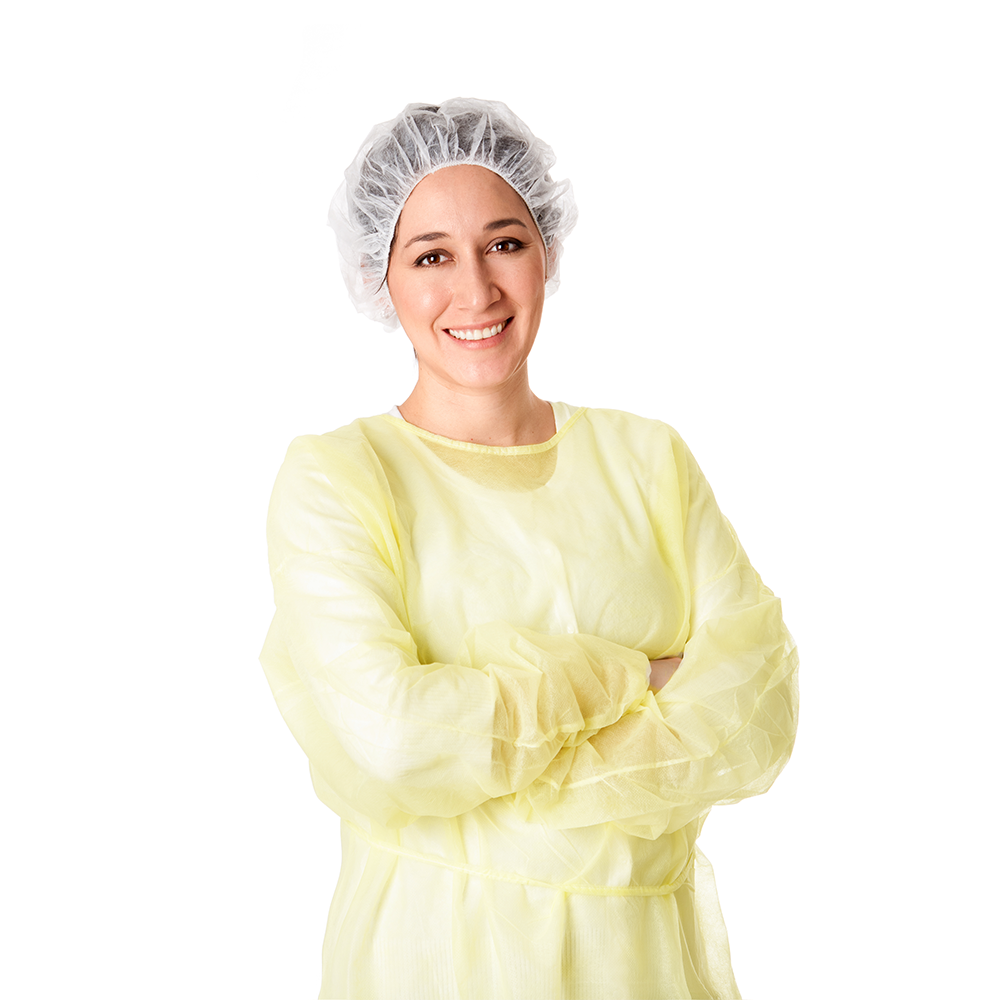 Disposable Protective Isolation Gown on Woman