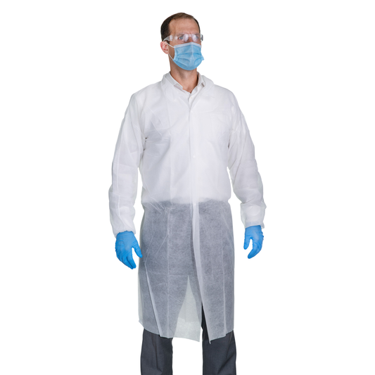 Lab Coats Disposable for Adults, White, Breathable, 3 Buttons, No Pockets, Elastic Cuff