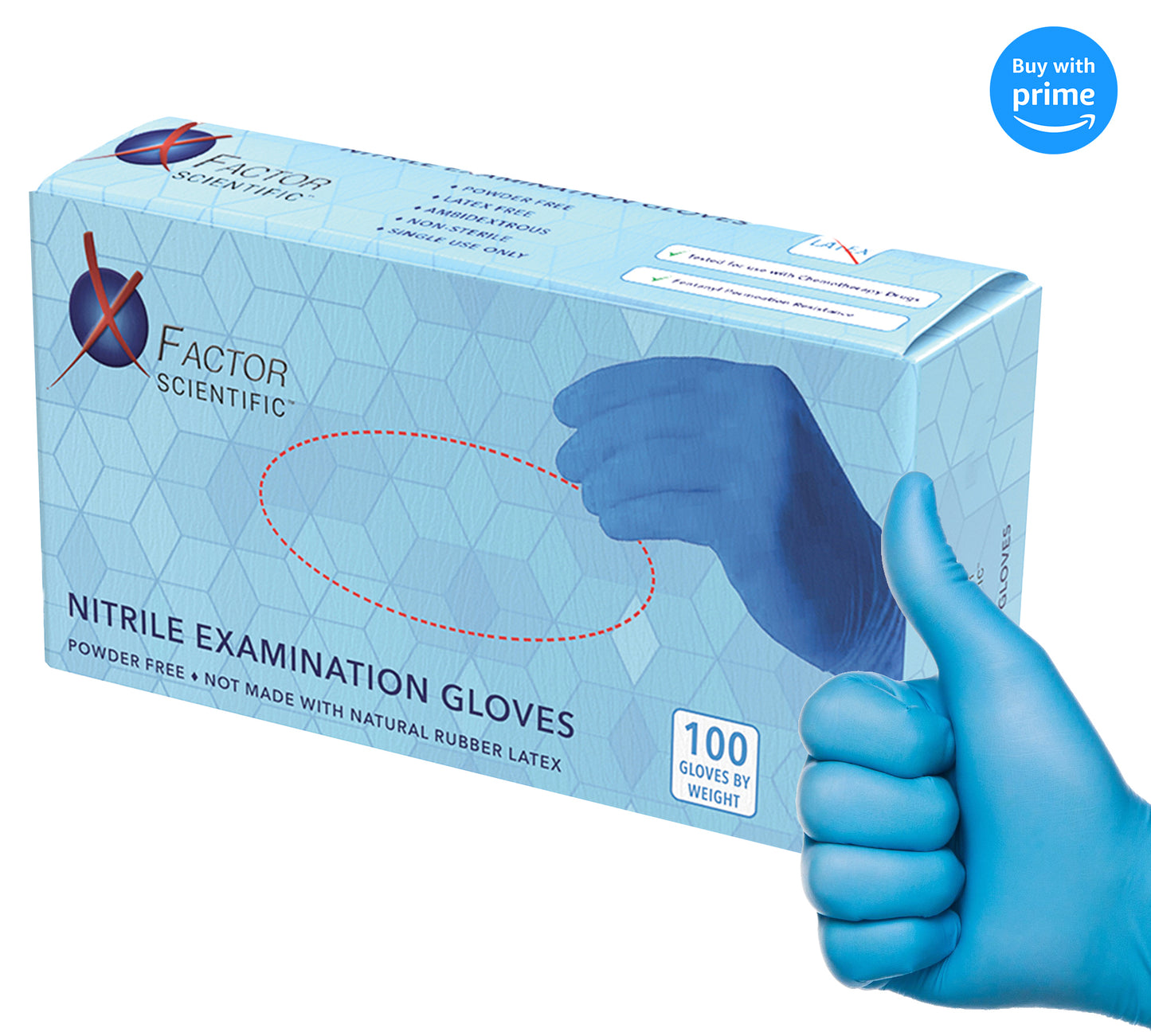 X Factor Scientific - 4 mils Exam Grade Nitrile Gloves, Powder Free, Medical Grade, Finger Textured, Latex Free Protective Glove, Food Safe FDA Approved - Box of 100